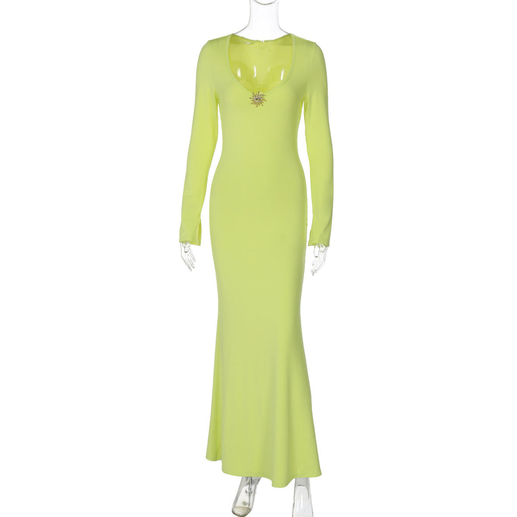 Women Clothing Summer Solid Color Deep U High Waist Fishtail Dress Long Sleeve Dress