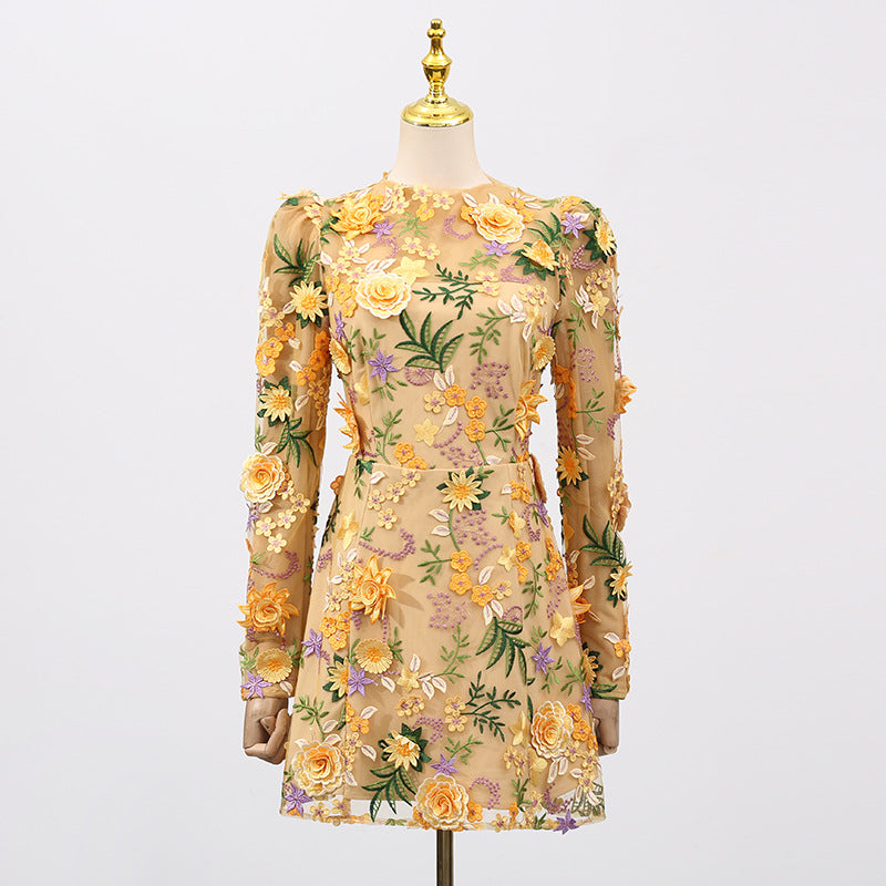 Heavy Industry Three Dimensional Floral Embroidered Slim Long Sleeve Short Dress Women