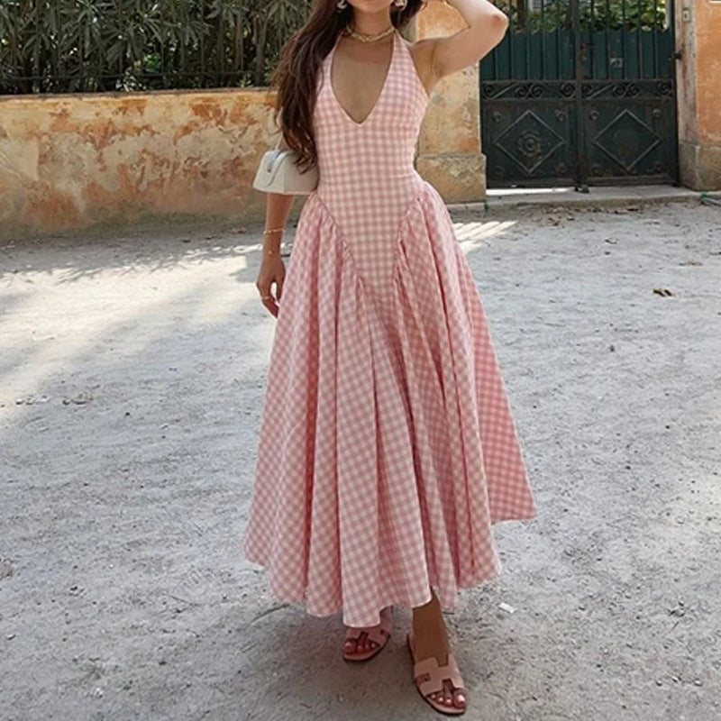 French Sweet Halter Strap Sexy V neck Backless Strap Dress