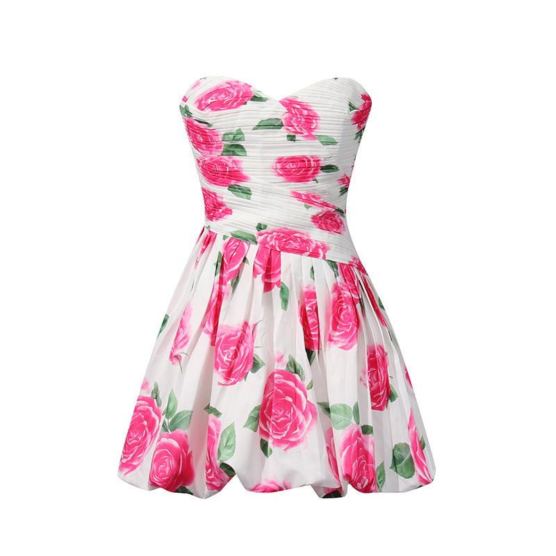 Women Clothing Tube Top Cinched Waist Lotus Leaf Summer Pleated Dress