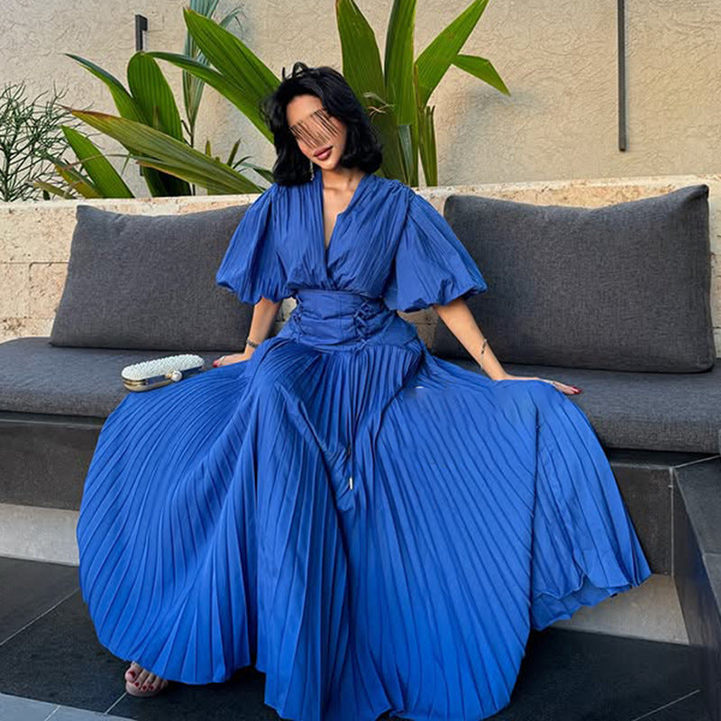 French Personalized Puff Sleeve Design V neck High Waist Tight Waist Design Maxi Dress Autumn Solid Color Women Dress