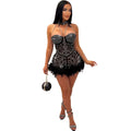 Autumn Winter Women Clothing Rhinestone Beaded Sexy Mesh See through Nightclub Jumpsuit Feather