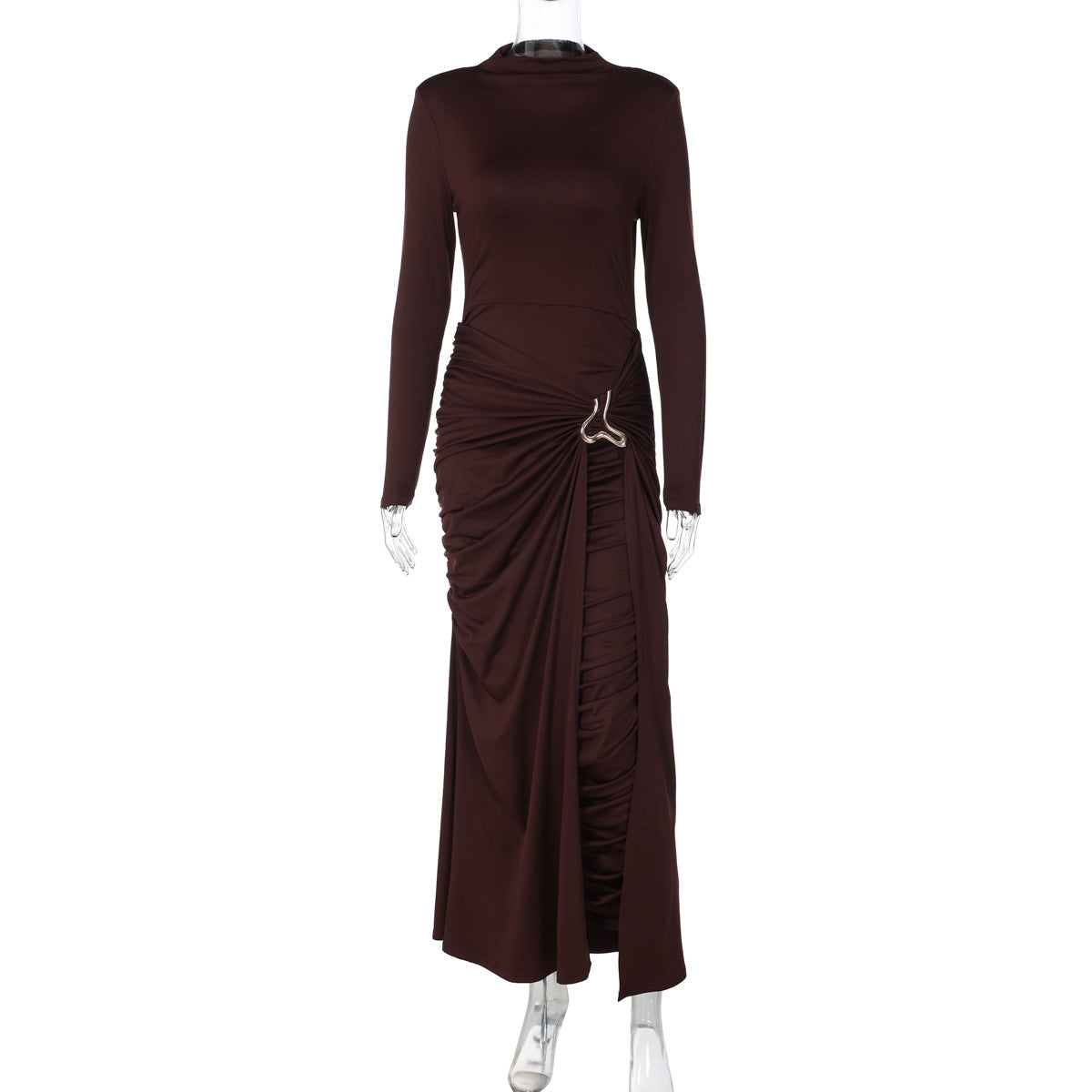 French Women Clothing Autumn Winter Stylish Long Sleeves round Neck Dress Solid Color Waist Tight Sheath Dress for Women