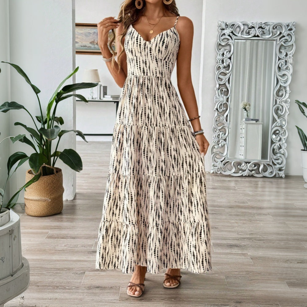 Women Clothing Vacation Sling Dress Spring Summer Irregular Asymmetric Striped Design Dress