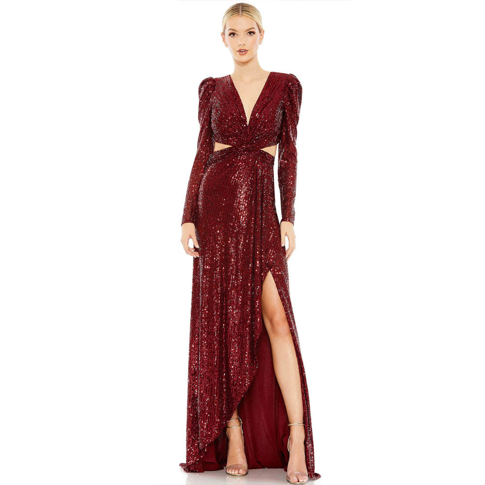 Solid Color Sequ Lace up V neck Half Sleeves Sheath Ladies Cocktail Evening Dress