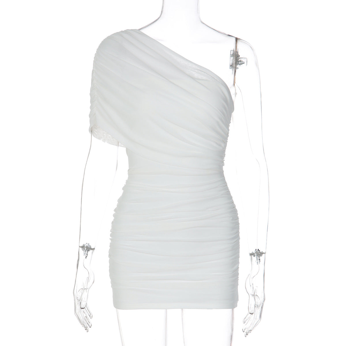 Fall Solid Color Sexy Trend Oblique Shoulder Pleated Mesh Dress