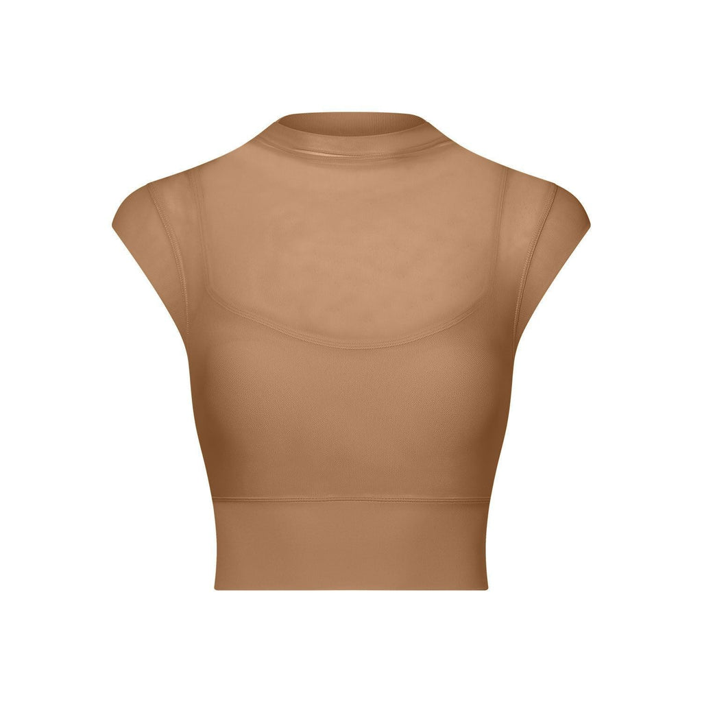 Sexy Mesh Yoga Clothes Flounced Sleeve Running Quick Drying Sports Bra with Chest Pad One Piece Cup Workout Clothes Top