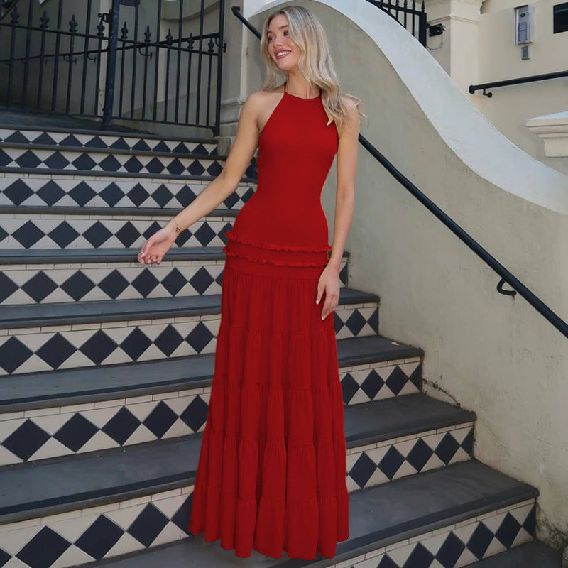 Women Clothing Summer Sexy Backless Halter Pleated Dress Women