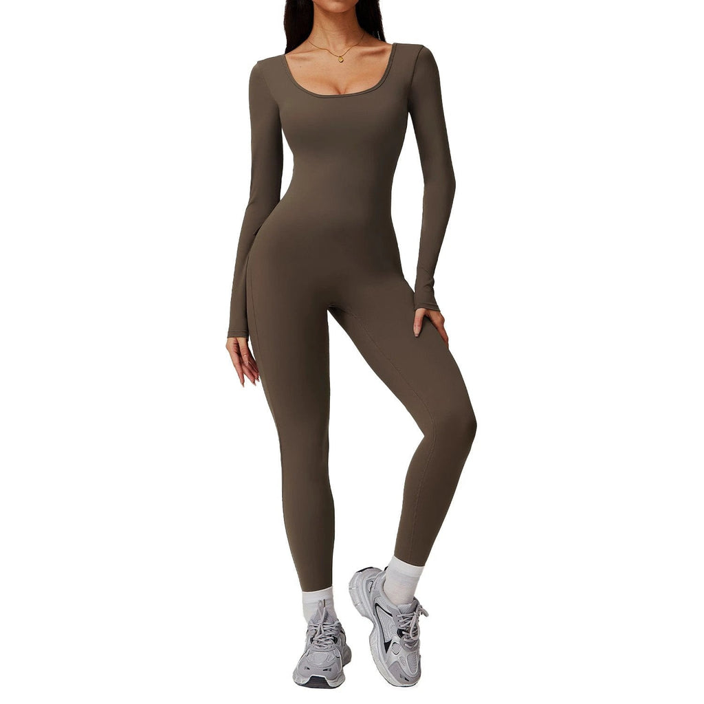 Long Sleeve Yoga Jumpsuit Back Pockets Scrunch bottom Backless