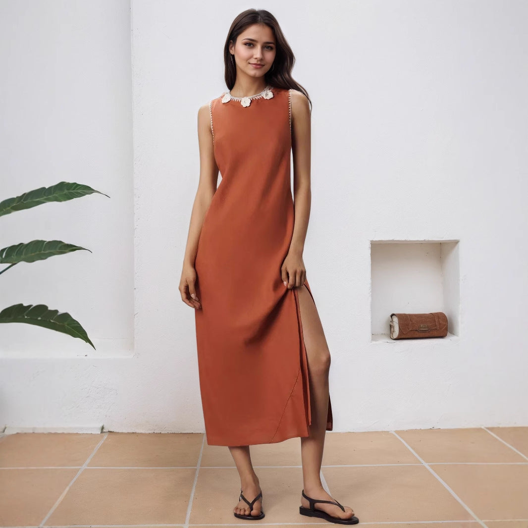 Early Autumn Sleeveless Split Neckline Exquisite Floral Pearl Women Dress