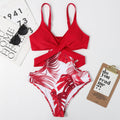 One-Piece Leaf-Shaped Floral Color Matching Women Swimsuit Lace-up Sexy Triangle Bikini