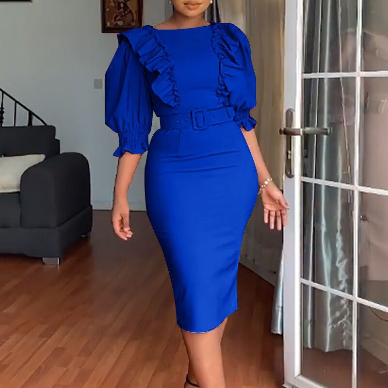 High Waist Wooden Ear Stitching Five Quarter Sleeve Office Women Dress