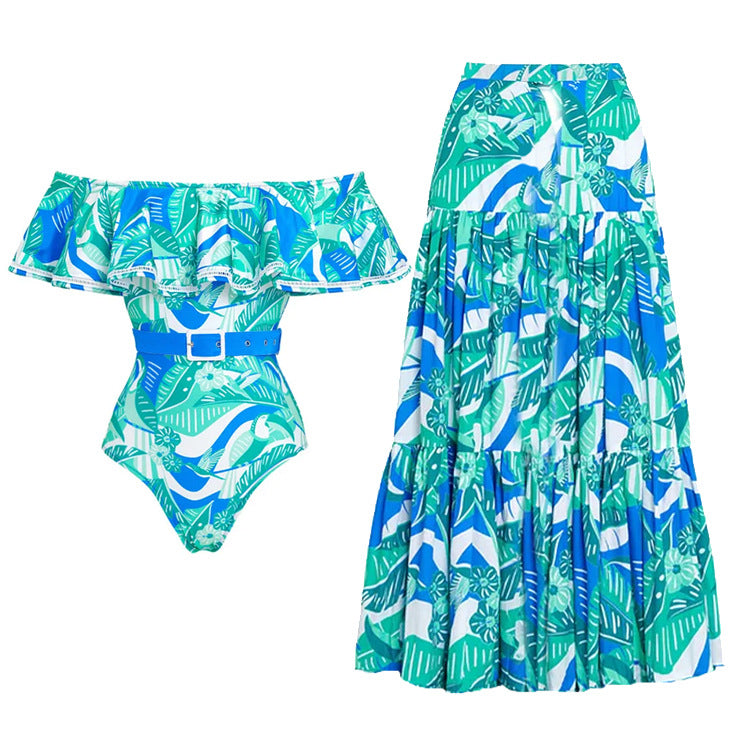 Off Shoulder Ruffled Printed One Piece Swimsuit Women