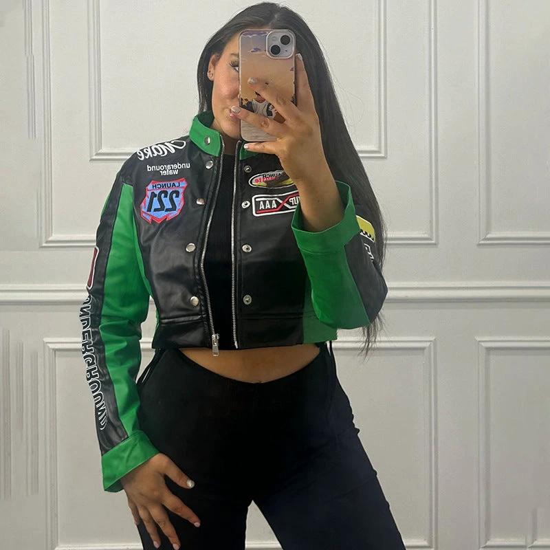 Women's Cropped Printed Long Sleeve Baseball Uniform Coat