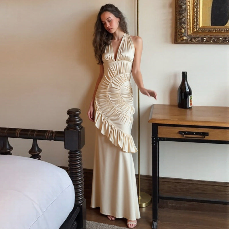 Autumn Winter Women Clothing Solid Color V neck Halter Backless Slim Pleated Dress Elegant Dress