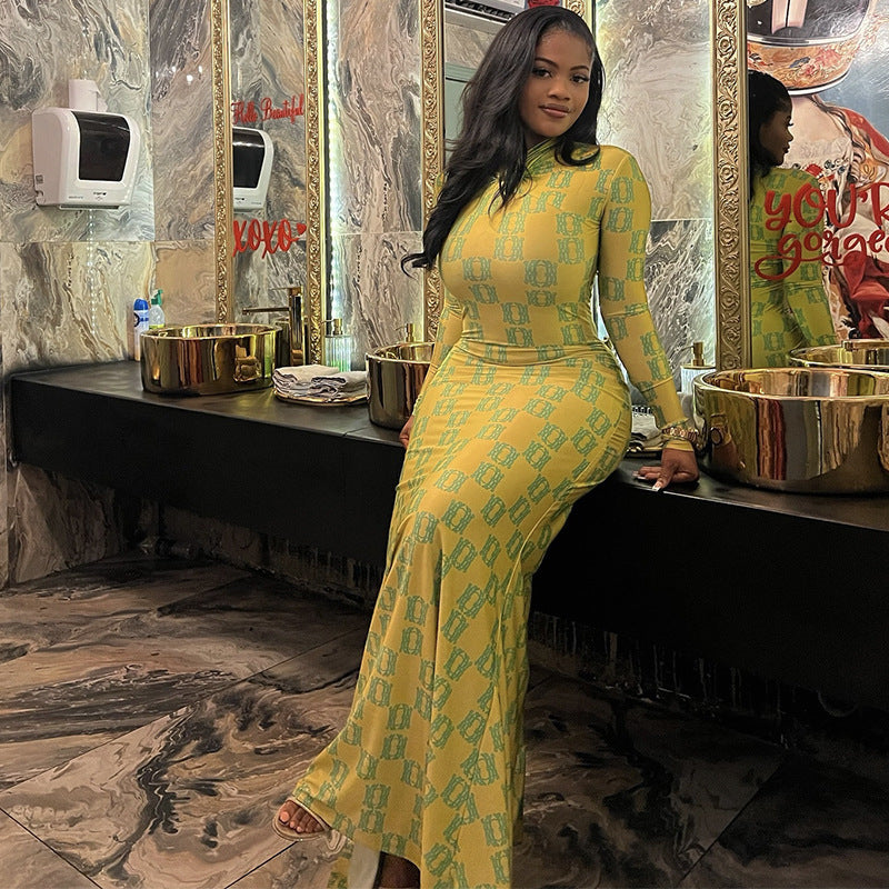 Retro Home Women Slim Fit Printed Hip Dress Pleated Turtleneck Long Sleeve Dress