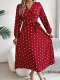 Real Shot Autumn Winter Elegant Contrast Color Polka Dot Cross V neck Pleated Dress Women Clothing