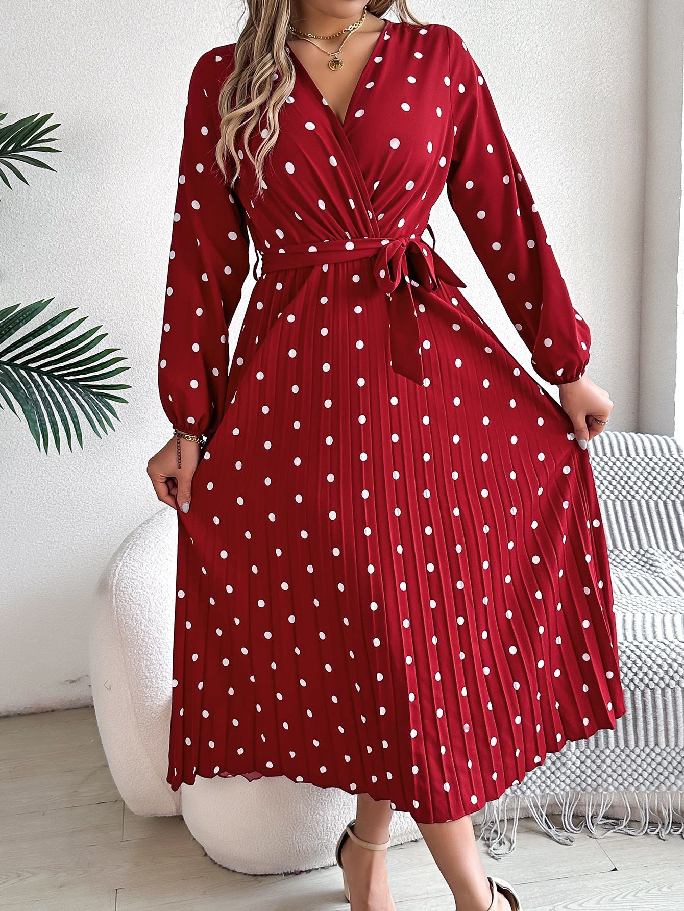 Real Shot Autumn Winter Elegant Contrast Color Polka Dot Cross V neck Pleated Dress Women Clothing