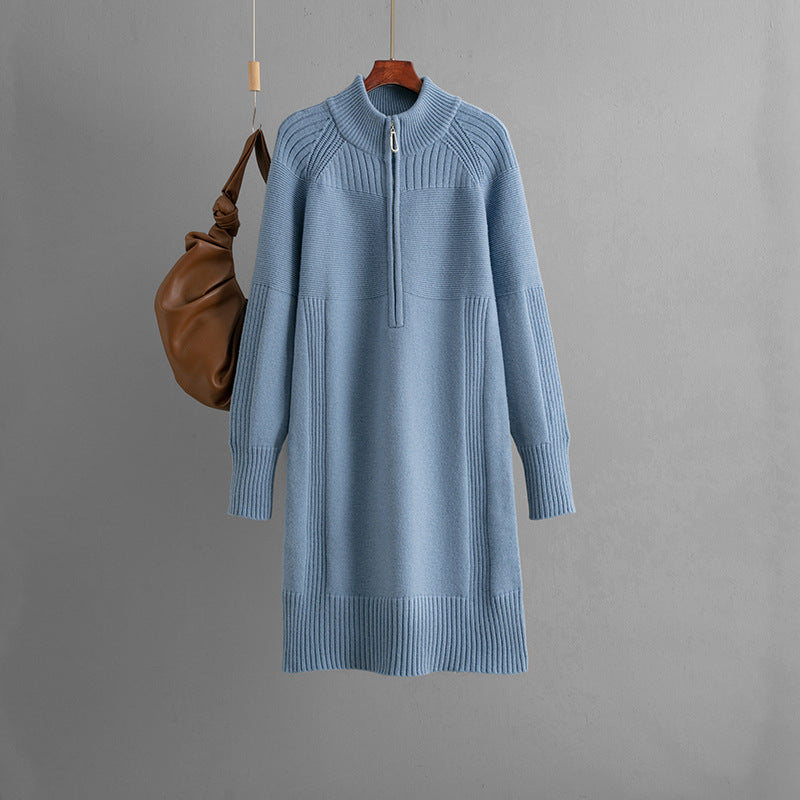Zipper Woolen Autumn Winter Long Sleeve Thick Loose Mid Length Knitted Dress