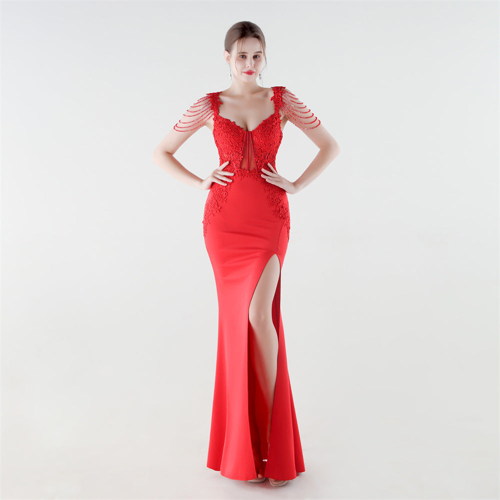 Heavy Industry Boning Corset Waist Binding Rhinestone Floral Evening Dress