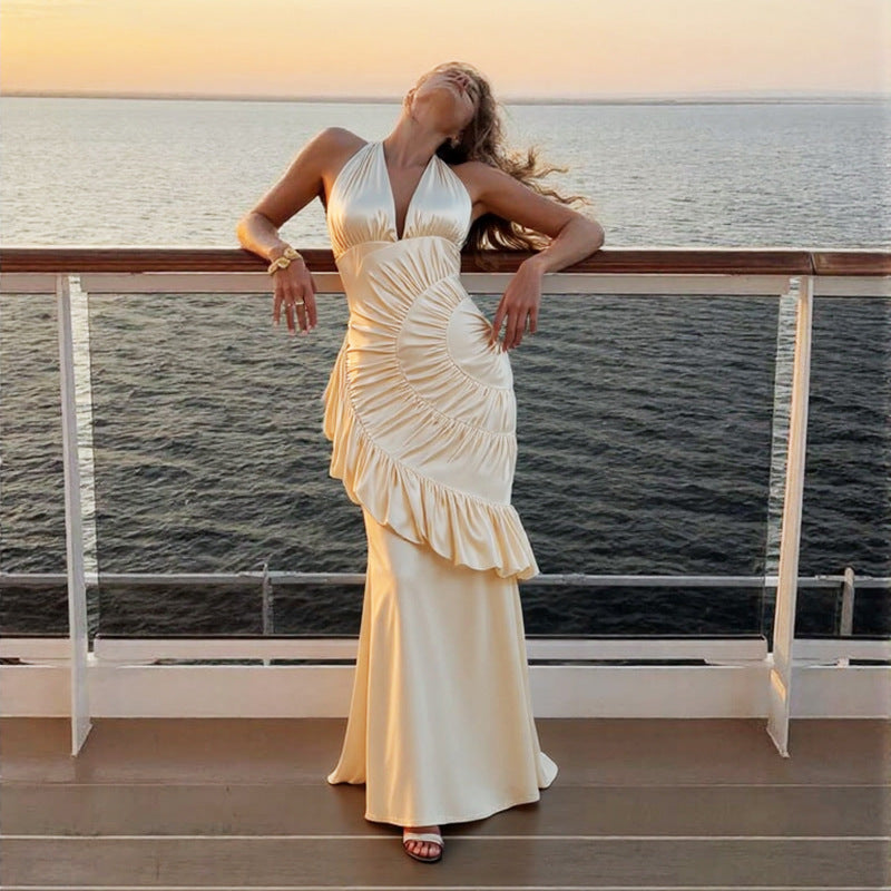 Autumn Winter Women Clothing Solid Color V neck Halter Backless Slim Pleated Dress Elegant Dress