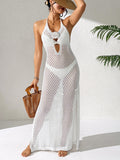 V neck Tight Waist Knitted Dress Halter Strap Hand Crocheted Hollow Out Cutout Side Slit Hip Dress Beach Cover up Women