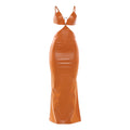 Spring Women Decorative Buckle Stitching Sexy V neck Faux Leather Sheath Sexy Dress