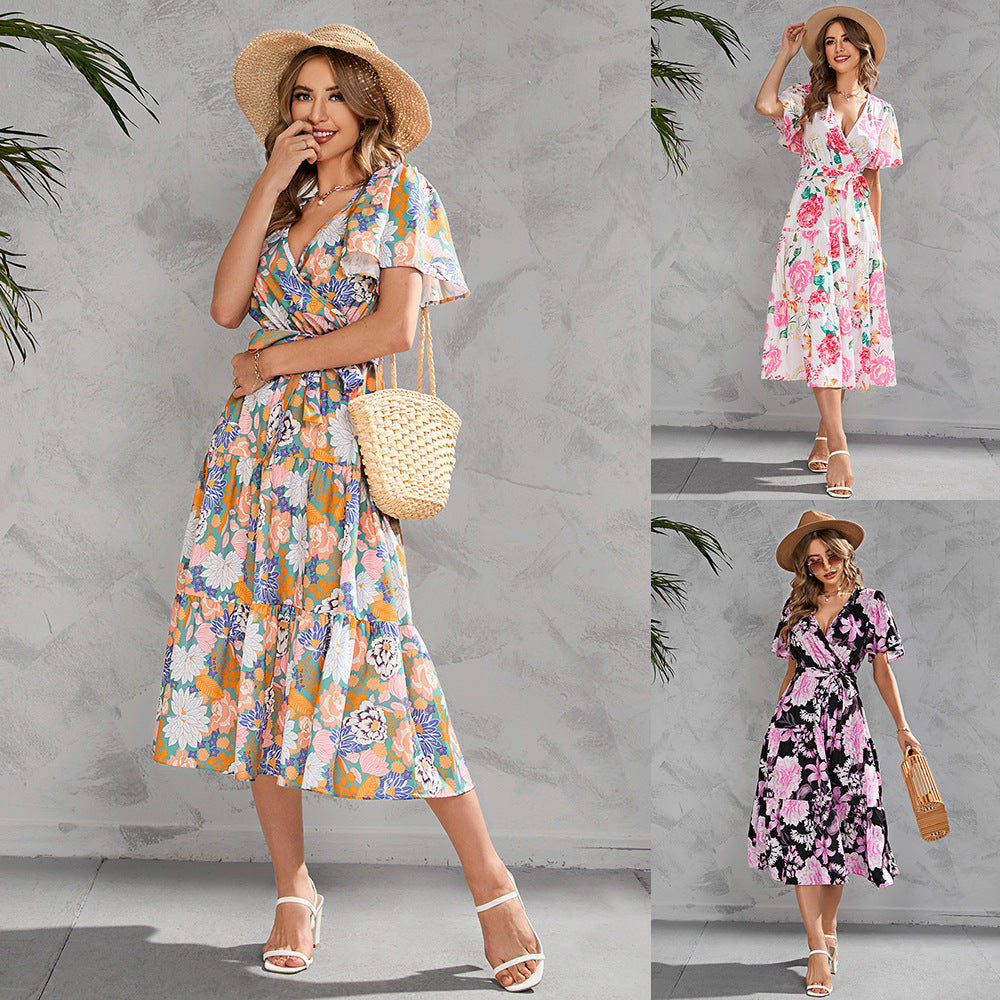 Women Clothing Summer Printed V-neck Tight Waist Mid-Length Short Sleeve Dress Tiered Dress
