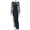Women Black White Patchwork Slit Hip Dress Shirt Collar Long Sleeve Design Hollow Out Cutout Dress
