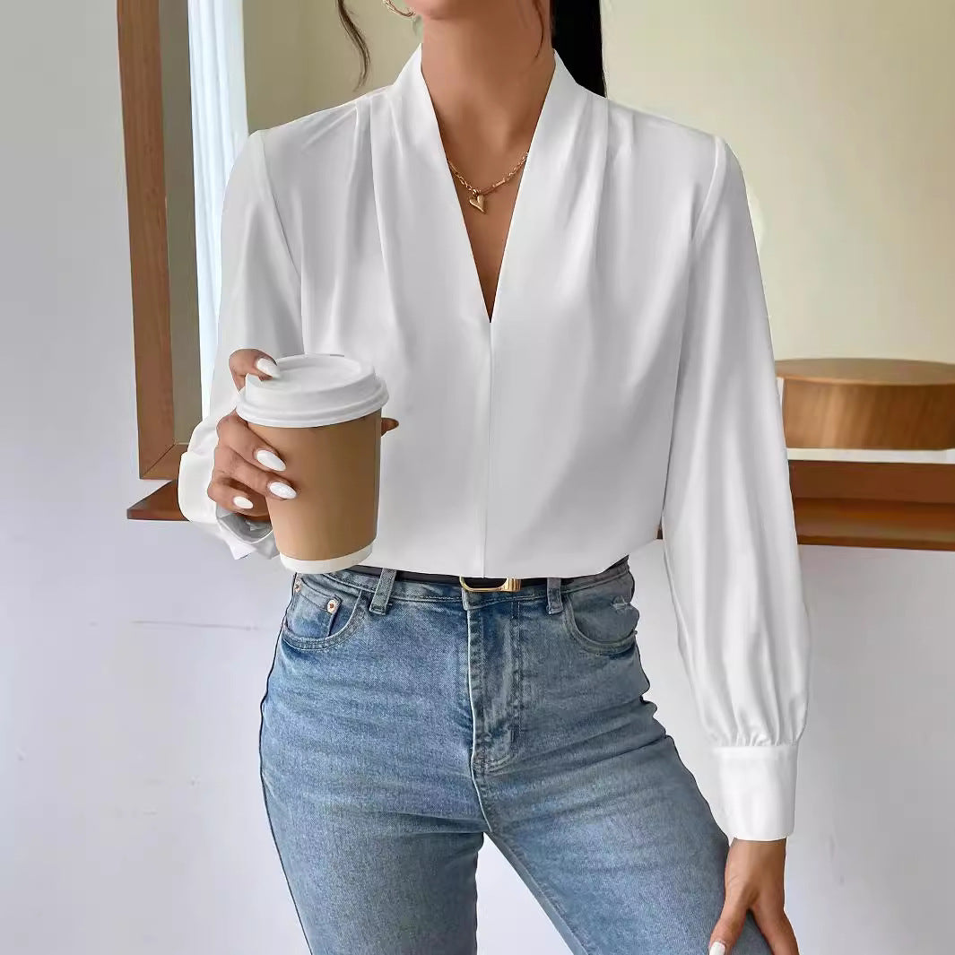 Spring Autumn Winter Long Sleeve Shirt Design V neck Solid Color Loose Top Autumn Shirt