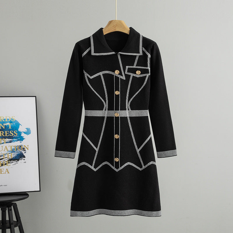 Polo Collar Contrast Color Striped Dress for Women Spring Autumn Elegant Slim Fit Slimming Midi Dress