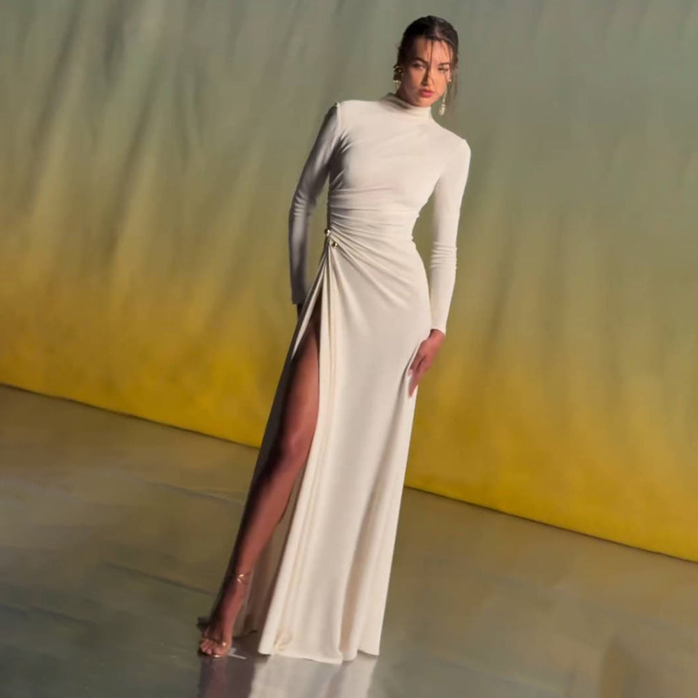 Autumn Winter Women White Sexy Long Sleeved Metal Double Ball High Slit Dress for Women