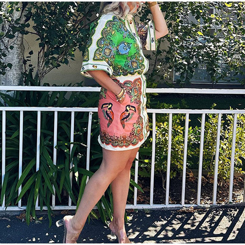 Summer Women Clothing Collared Single Breasted Long Sleeve Printed Dress