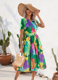 Women Clothing Summer Floral Print Crumpled Short Sleeve Dress