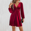 Women Clothing Autumn Winter Sexy V neck Tight Waist A line Dress Long Sleeve Party Velvet Dress