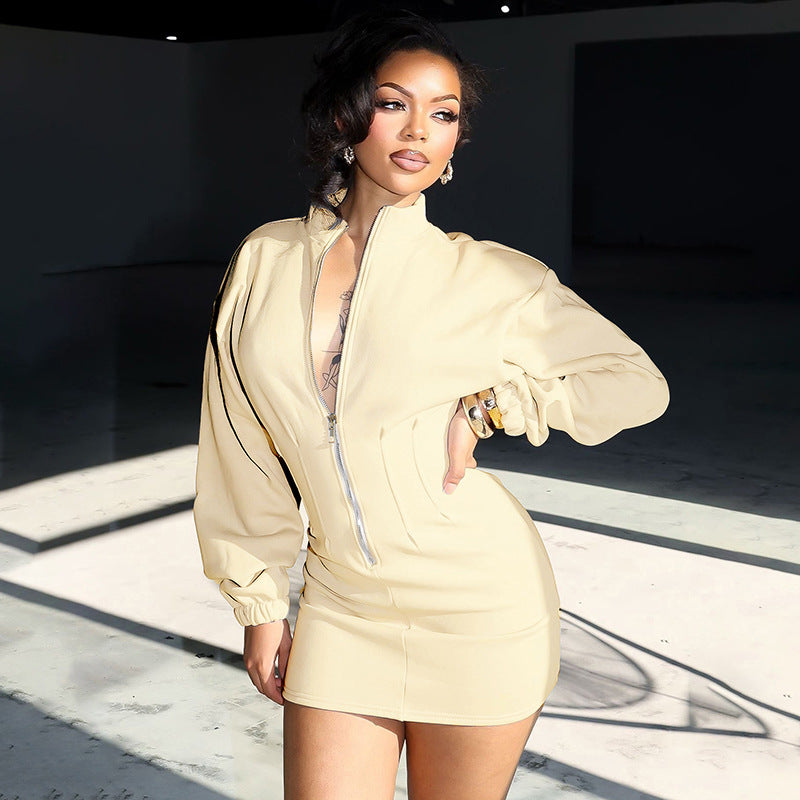 Women Clothing Autumn Winter Solid Color Casual Stand Collar Long Sleeve Zipper Waist Tight Sweater Short Dress