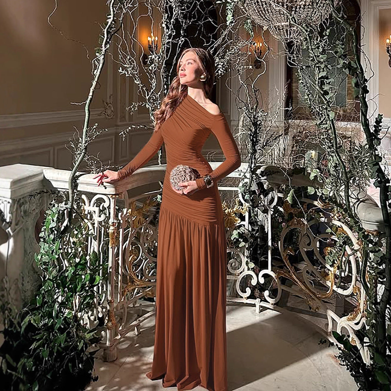 Women Clothing Autumn Solid Color One Shoulder Cold Shoulder Long Sleeve Stitching Dress