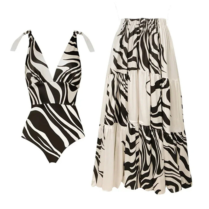 Bow Bandage One Piece Swimsuit Women Beach Vacation Two Piece Sets Skirt