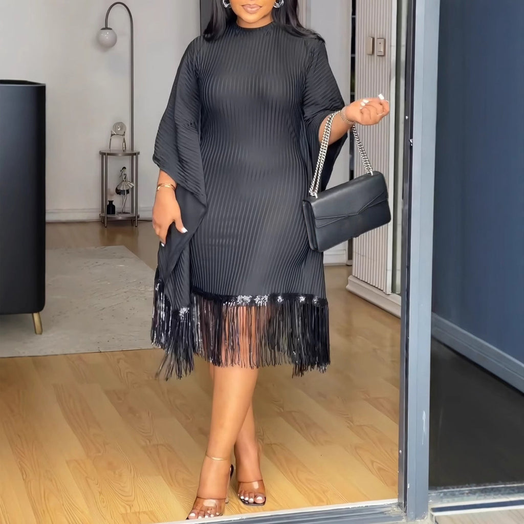 Women Sequined Tassel Bat Sleeve Elastic Hip Dress