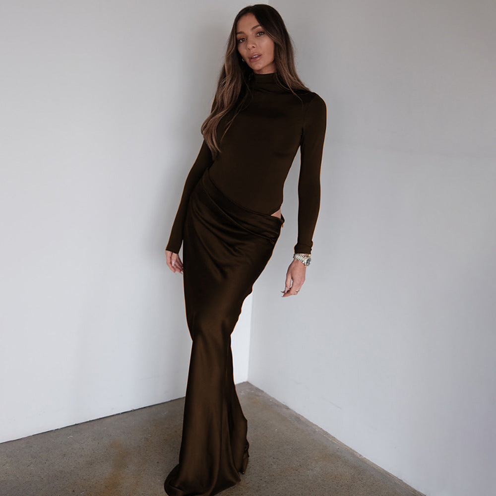 Summer Half High Collar Long Sleeves Dress Sexy Slim Fit Faux Two Piece Solid Color Dress
