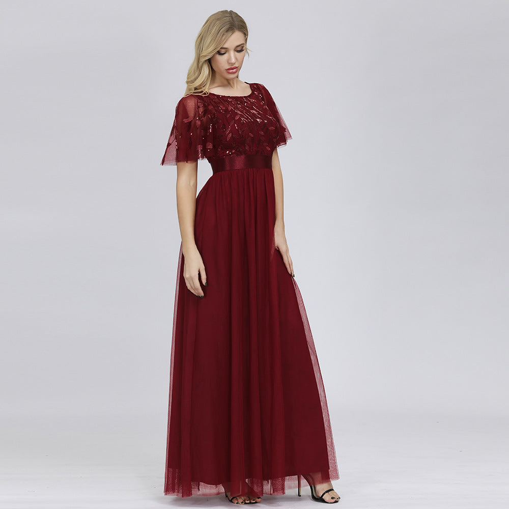 Autumn Stretch Waist Patchwork round Neck Party Big a Swing Evening Dress for Women