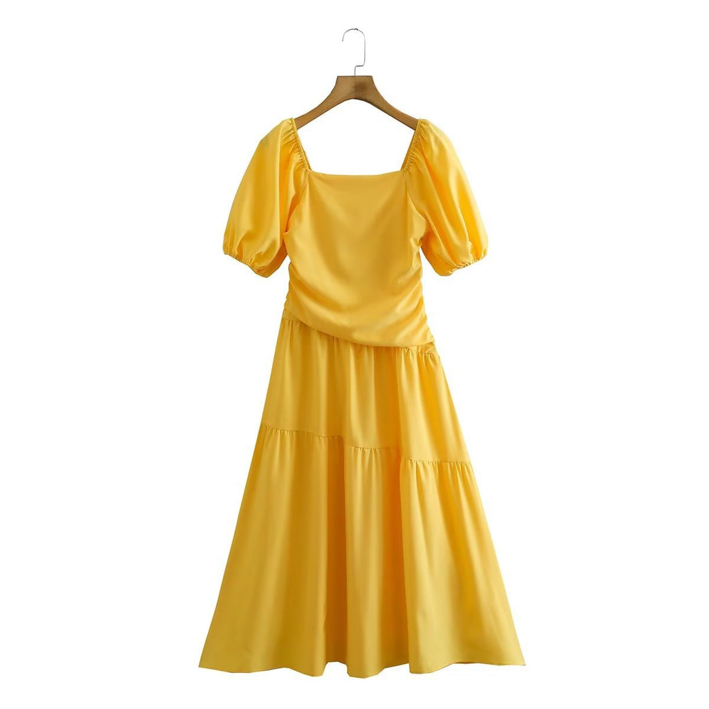 Autumn Women Yellow Square Collar Short Sleeve Waist Dress