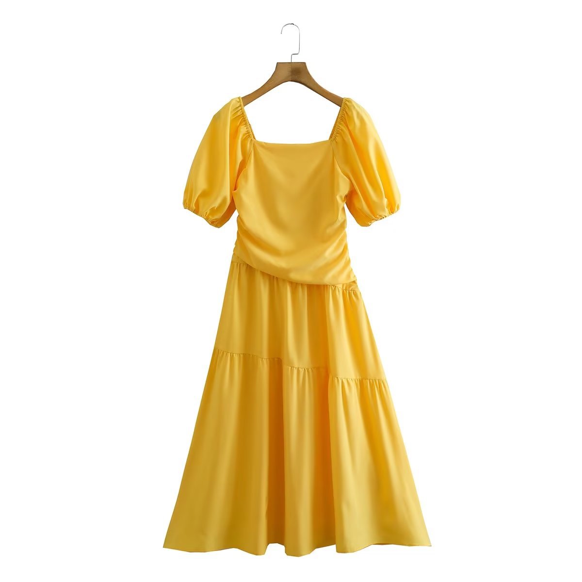 Autumn Women Yellow Square Collar Short Sleeve Waist Dress