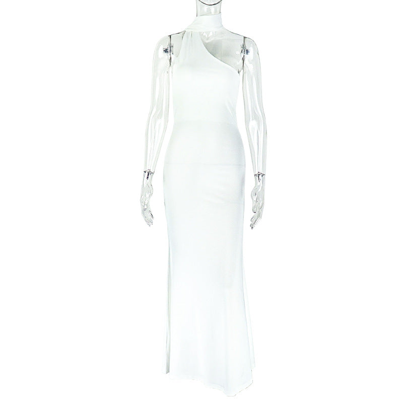 Solid Color Elegant Women Clothing Fashionable Pleated Asymmetric Hip Dress Stand up Collar Slim Fit Sleeveless Dress