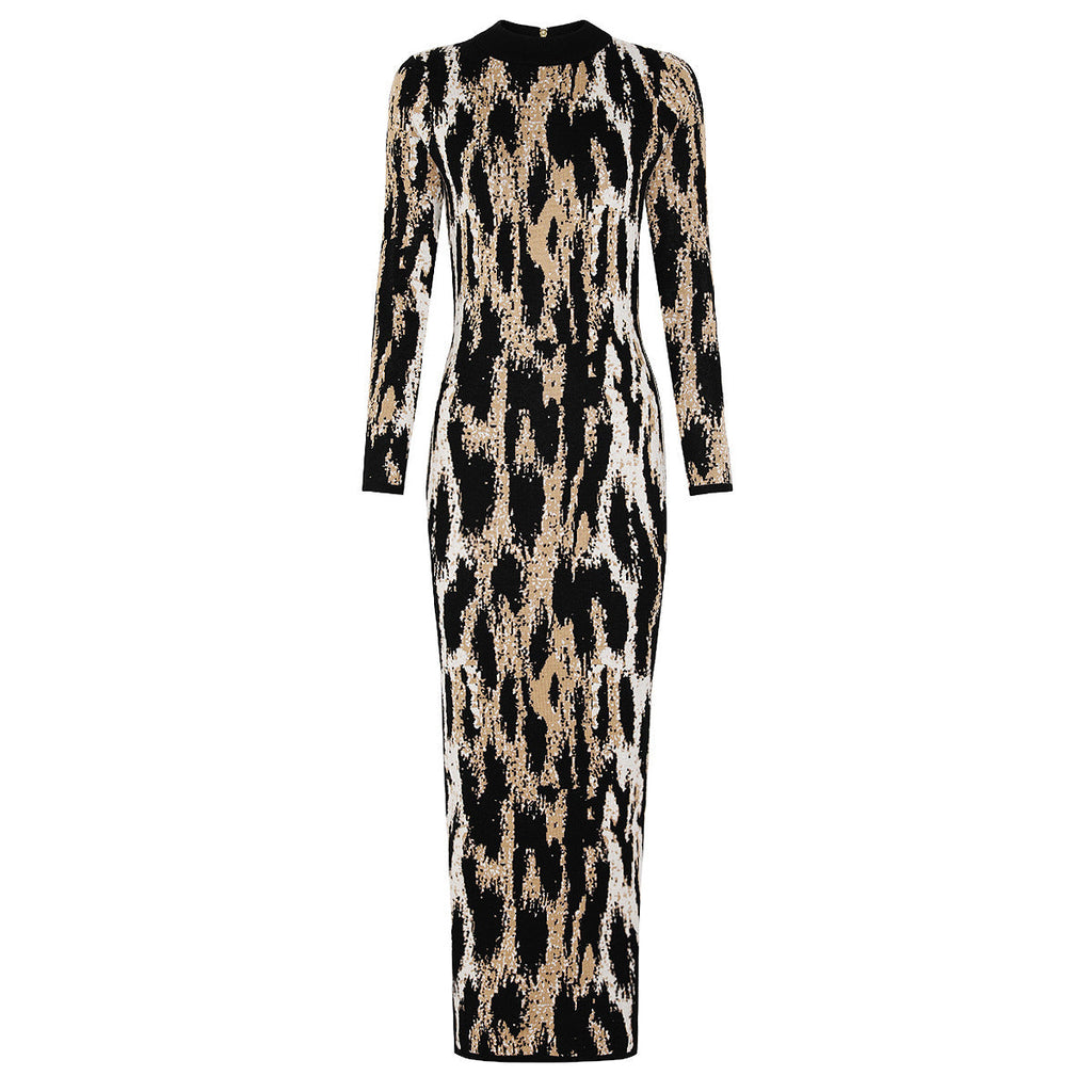 Spring Sexy Sexy Trendy Waist Slimming Leopard Print Turtleneck Sheath Dress Women