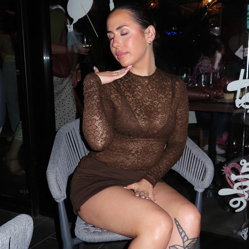 Women Clothing Autumn Solid Color Sexy Slim Lace See through Mesh Long Sleeve Short Dress