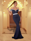 Diamond Embedded Mid Waist Fishtail Dress Elegant Graceful Ruffle Sleeve Design Evening Dress