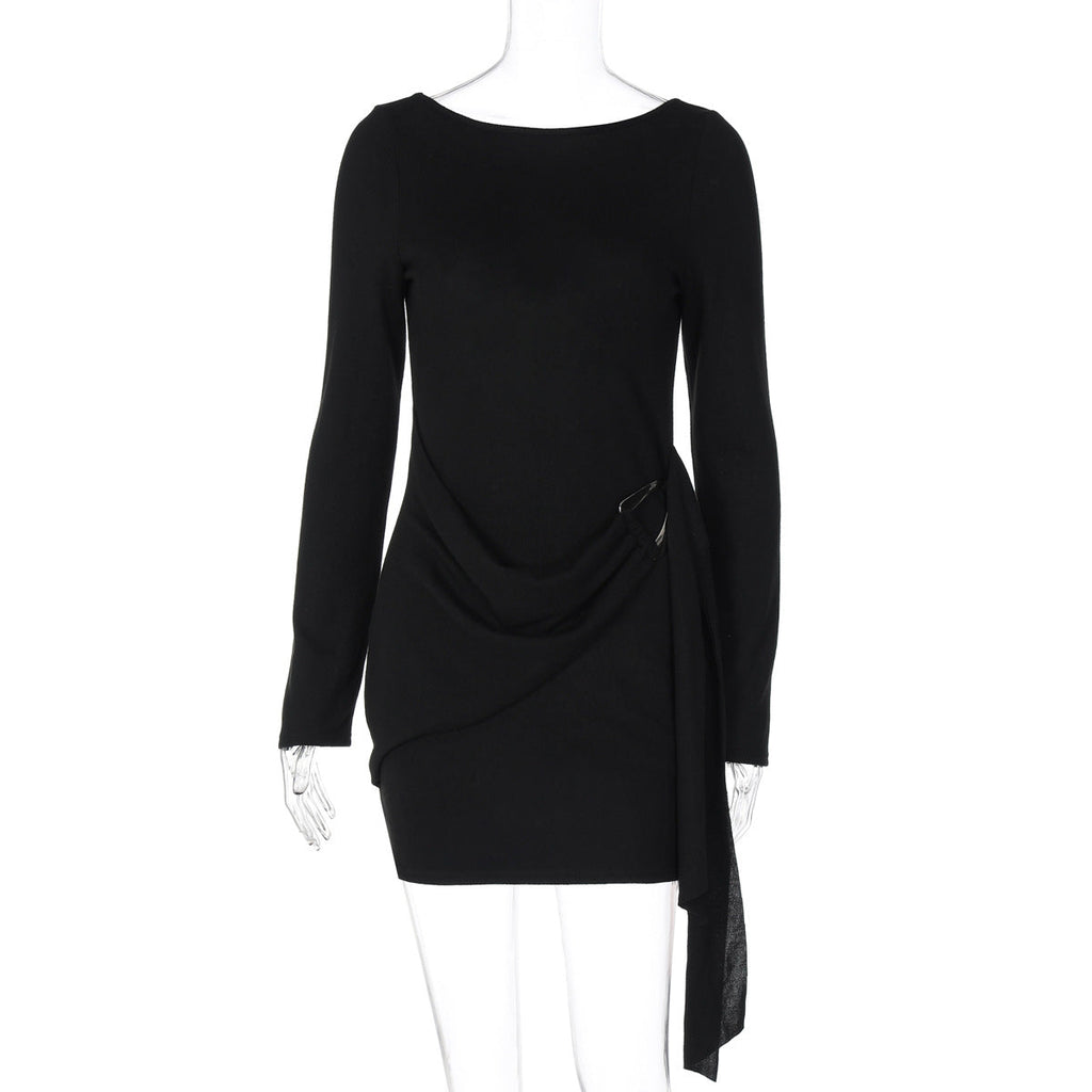 Women Clothing Autumn Solid Color Elegant Sexy Backless Long Sleeve Ribbon Dress Women