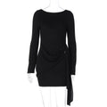Women Clothing Autumn Solid Color Elegant Sexy Backless Long Sleeve Ribbon Dress Women