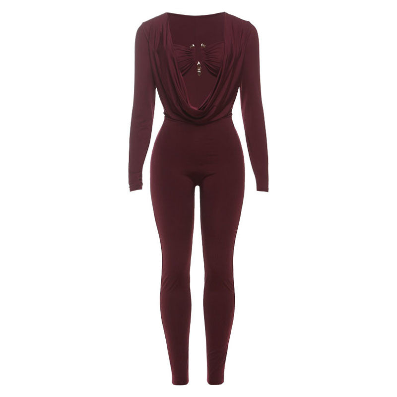 Summer Women Sexy Bandeau Swing Collar Tight Waist Sheath Solid Color Jumpsuit
